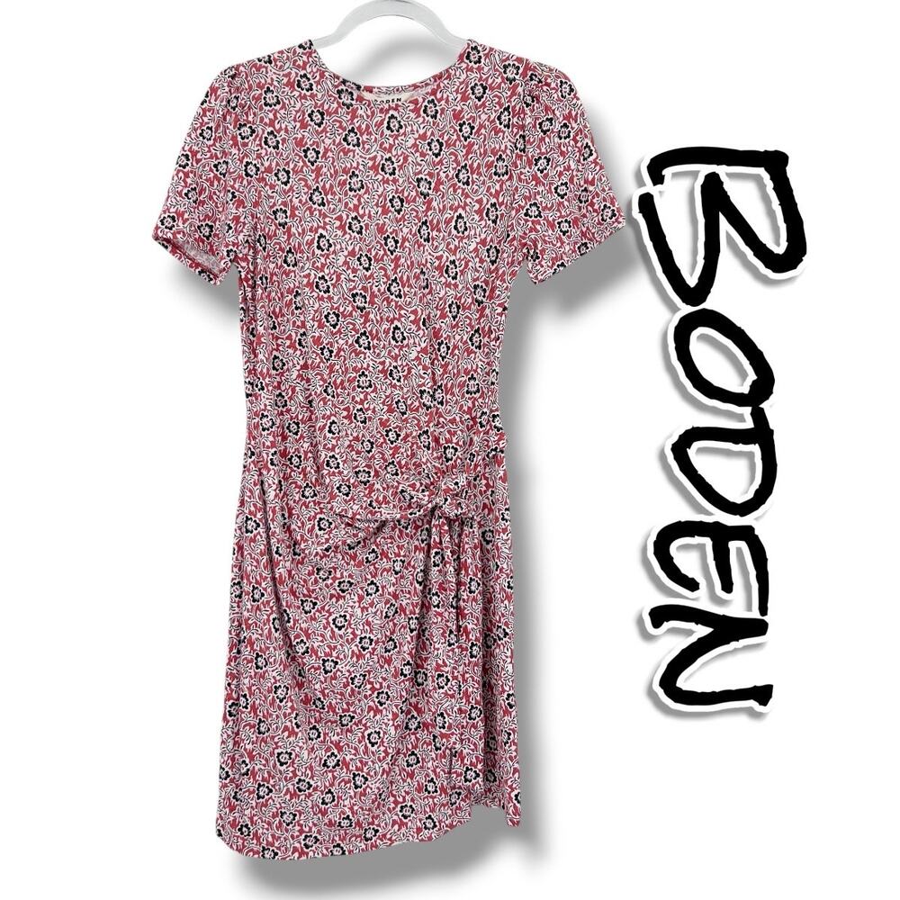 Boden Red Black Floral Jersey Knot Waist Short Sleeve Dress Casual Womens Sz 6P